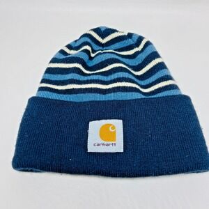 Carhartt Knit Cap Beanie Striped Navy Blue White Cuffed‎ Y2K